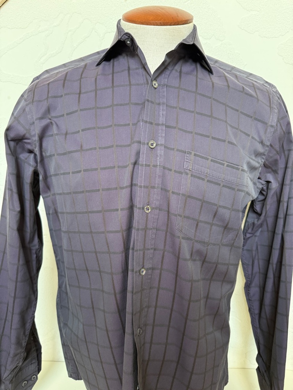 Bugatchi Men's Purple Windowpane Dress Shirt Chest Pocket Spread Collar Size M